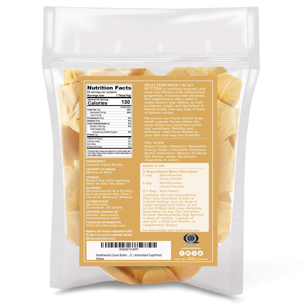 Healthworks cacao butter open jar showing creamy texture for easy blending