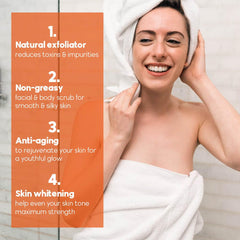 Healthy Radiance scrub placed on bathroom shelf conveying daily skincare ritual