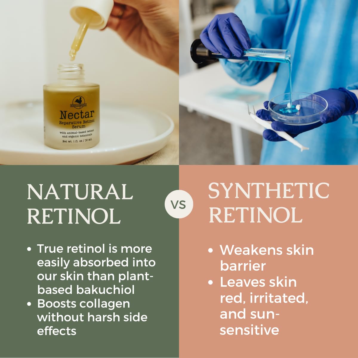 Hearth and Homestead close-up label highlighting natural-retinol formula and ingredient transparency
