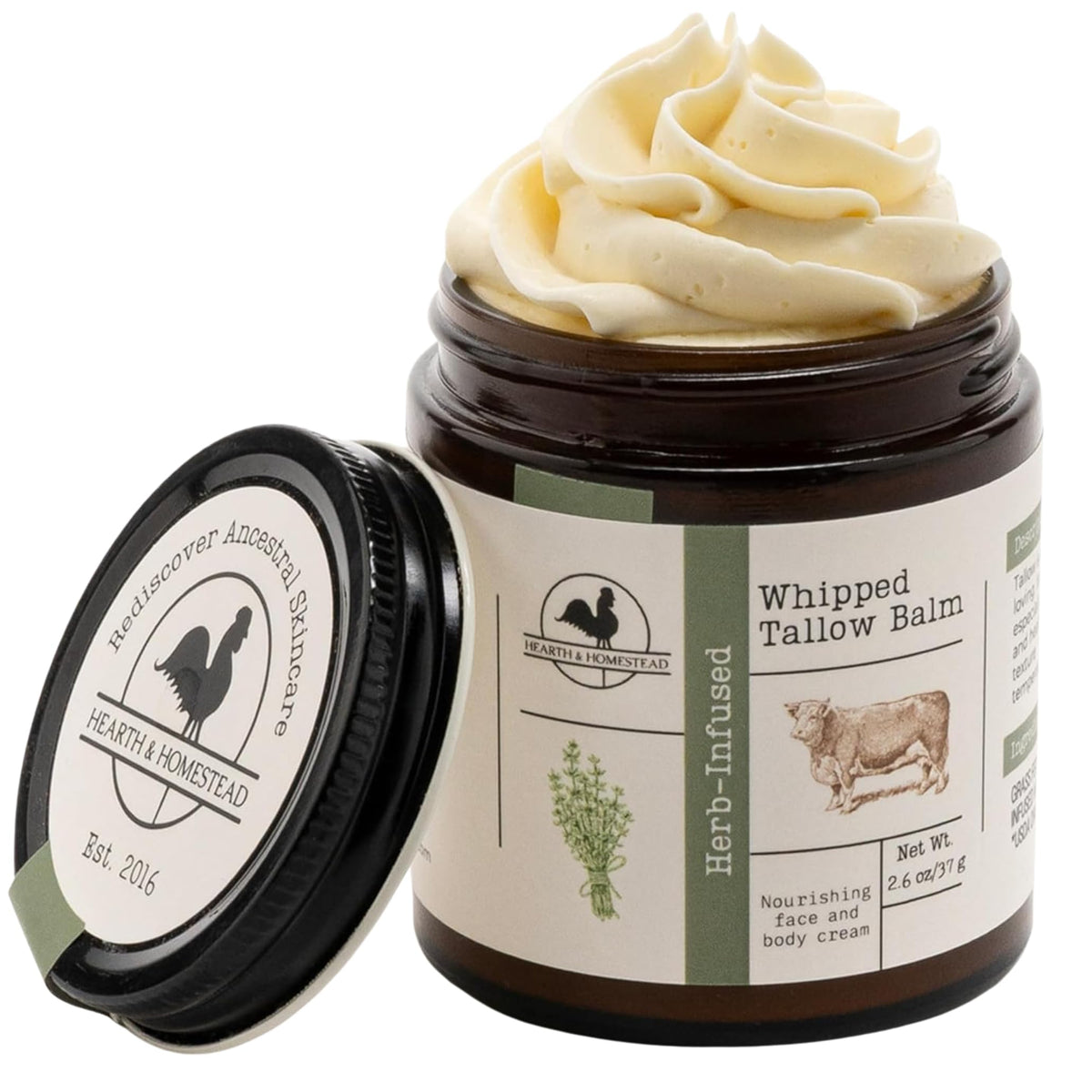 Hearth and Homestead jar front view showing pure whipped tallow for nourishing skin