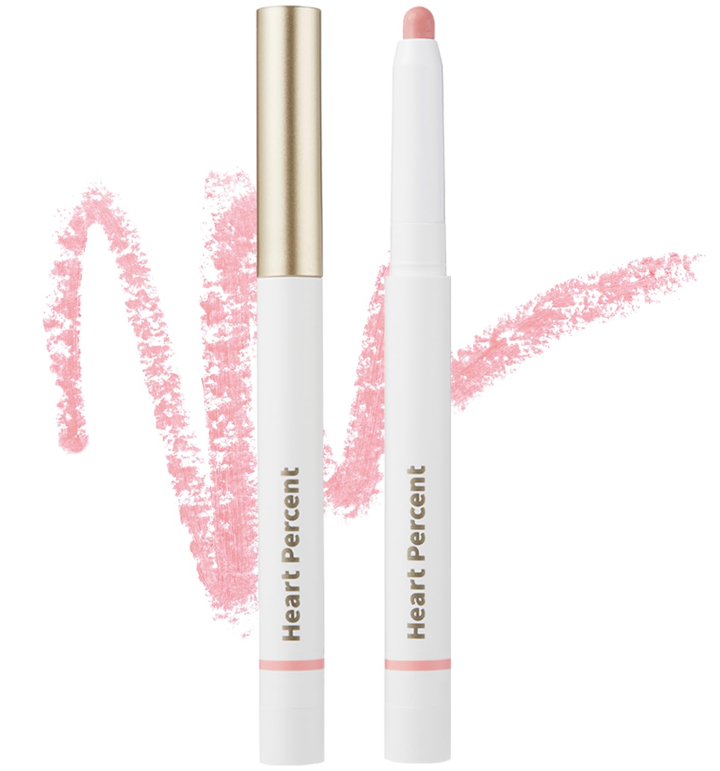 Heart Percent front packaging showing rosy lip pencil and cap, easy travel use