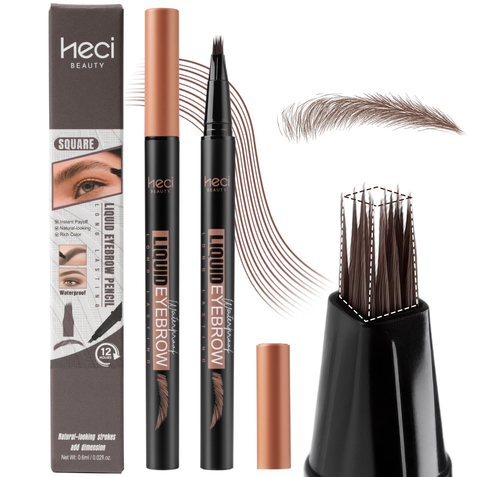 HECI BEAUTY front packaging showing dark brown shade and product benefit