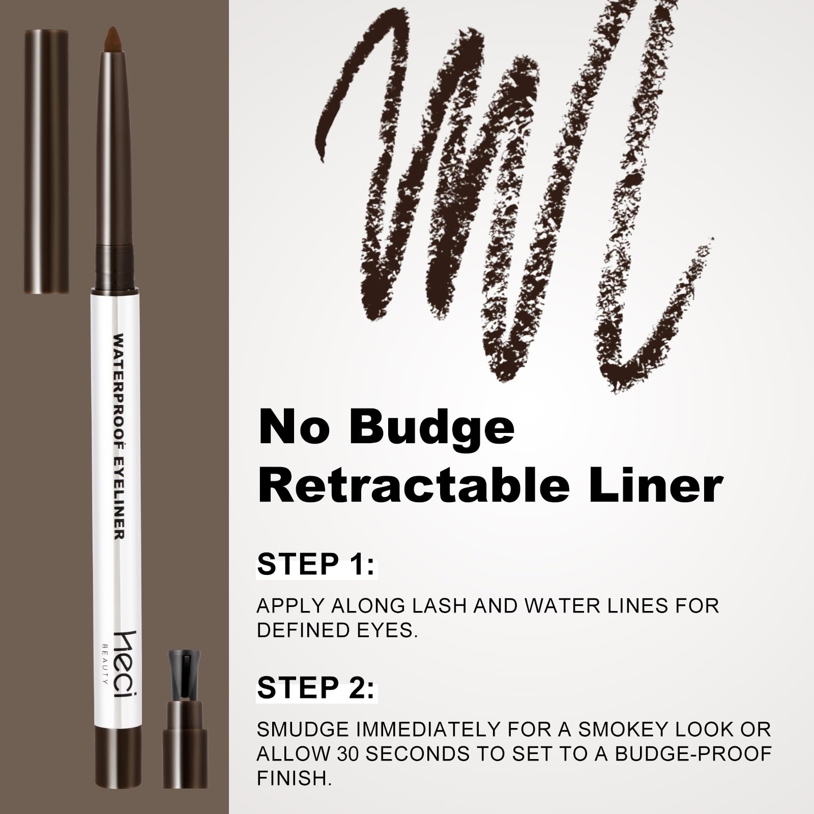 HECI BEAUTY in-use closeup applying liner to upper lash line for defined eyes