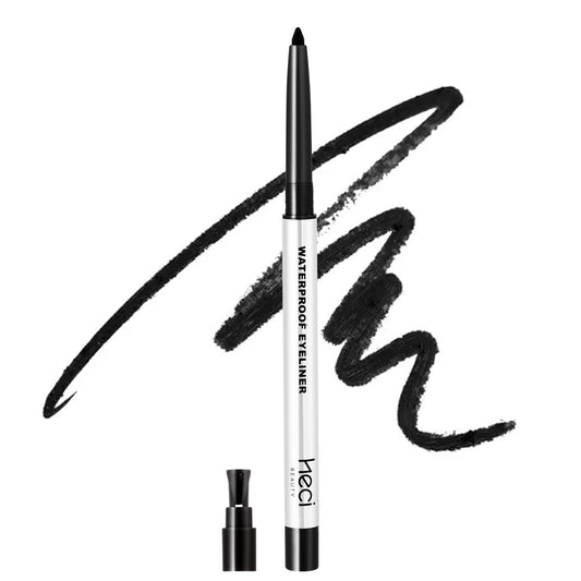 HECI BEAUTY pencil front view showing sleek black barrel and brand benefit