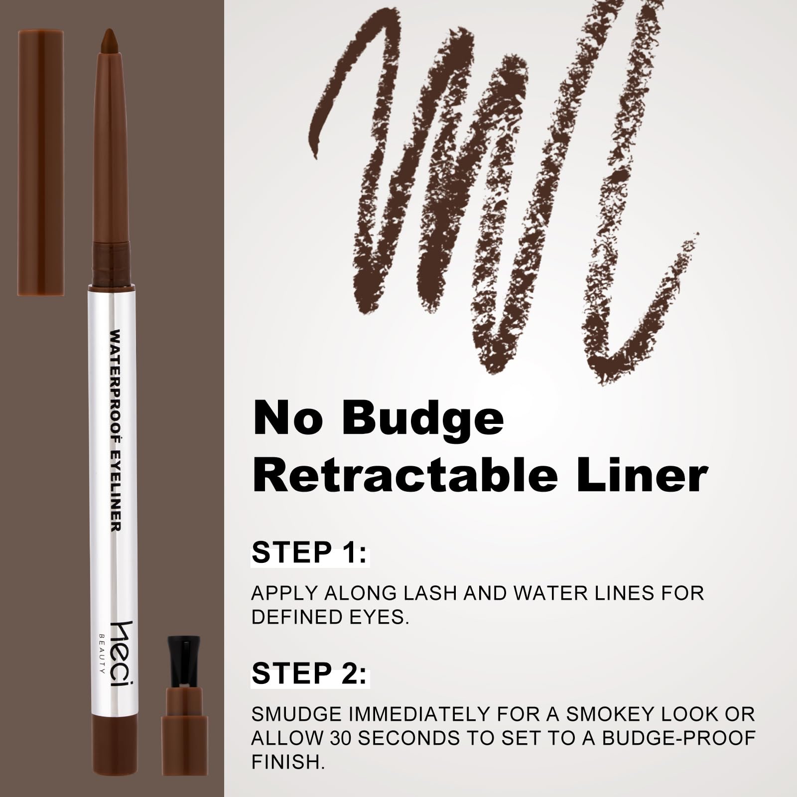 HECI BEAUTY waterproof smudge test proving longwear, stay-put benefit
