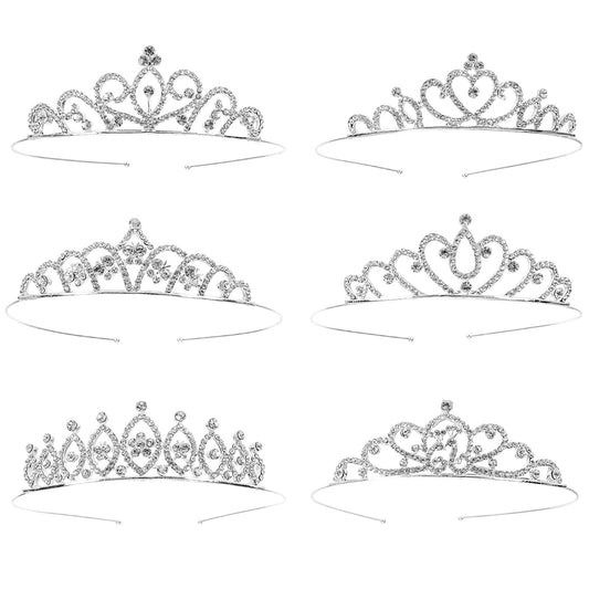 Hedume front view of six silver tiara headbands, ready for parties