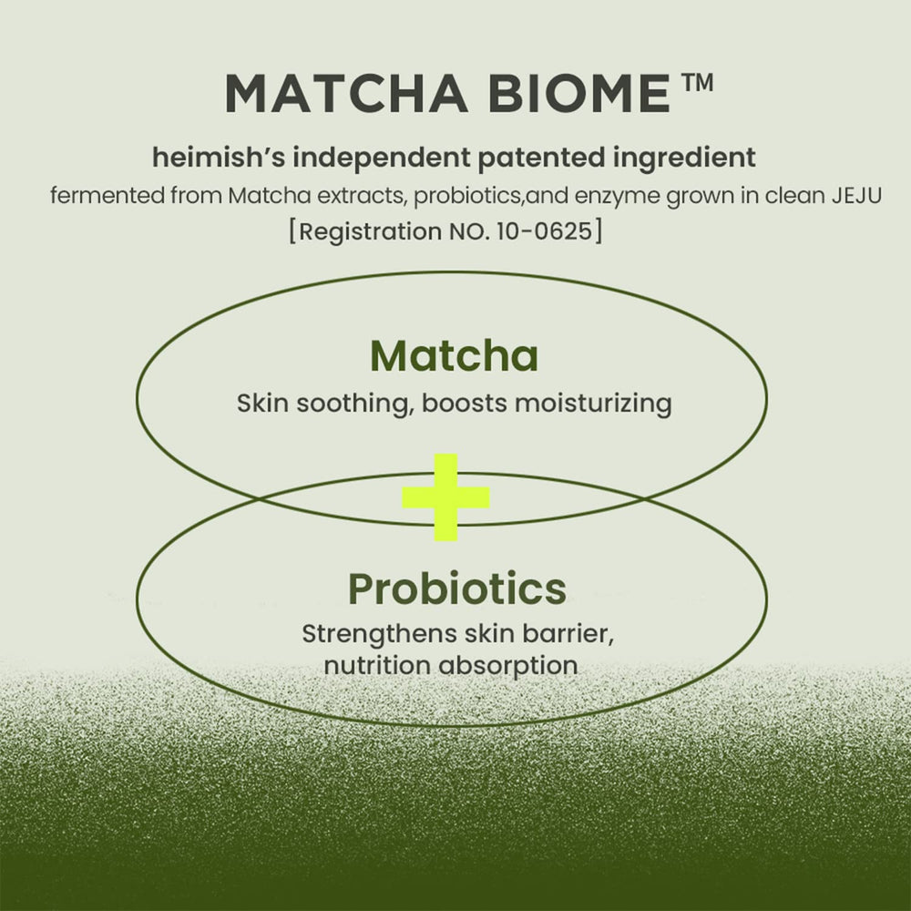 HEIMISH label close-up showing amino acids and Matcha Biome blend
