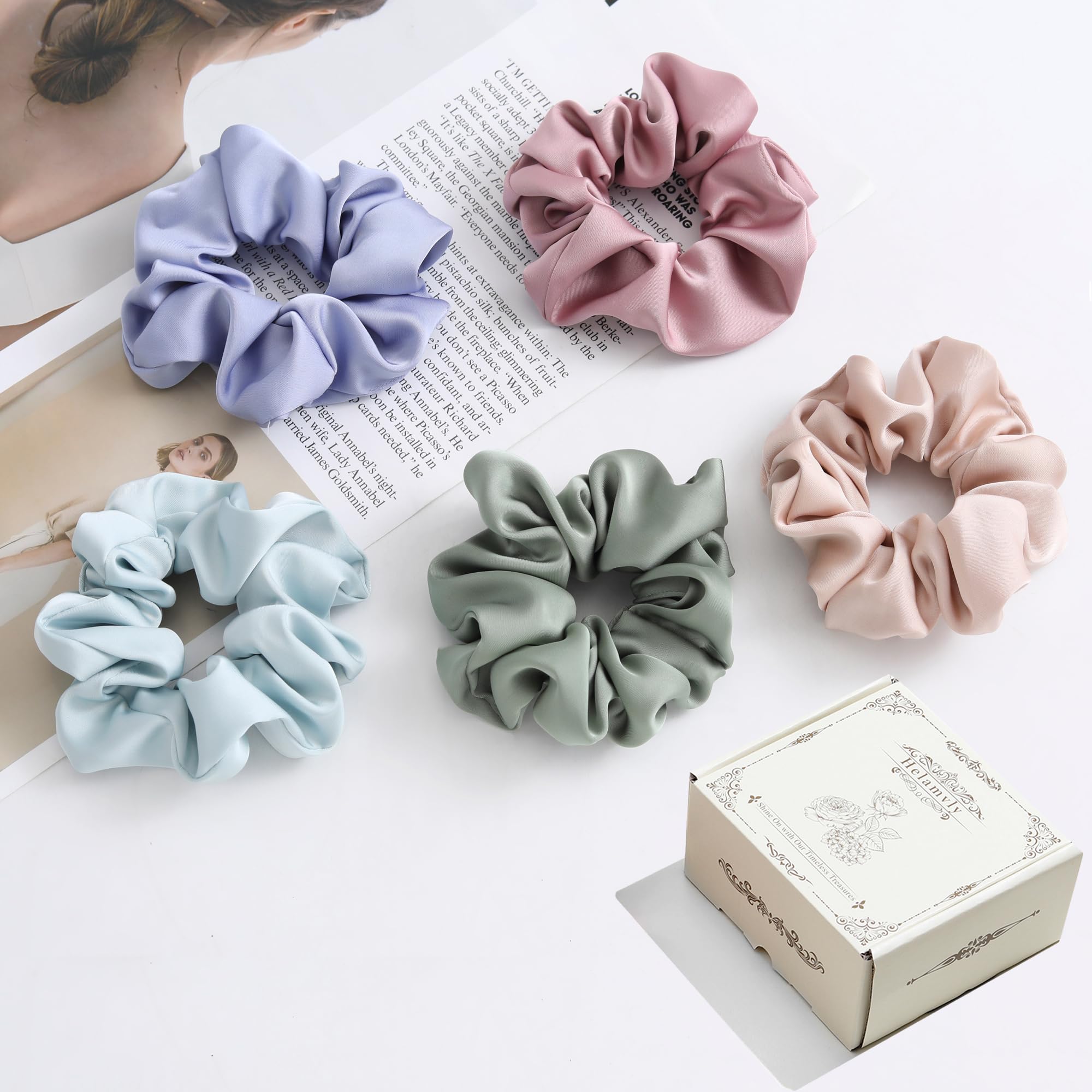 Helamvly front product packaging showing gift-ready box and five scrunchies
