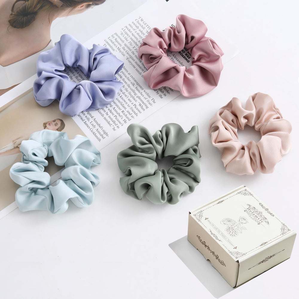 Helamvly front product packaging showing gift-ready box and five scrunchies