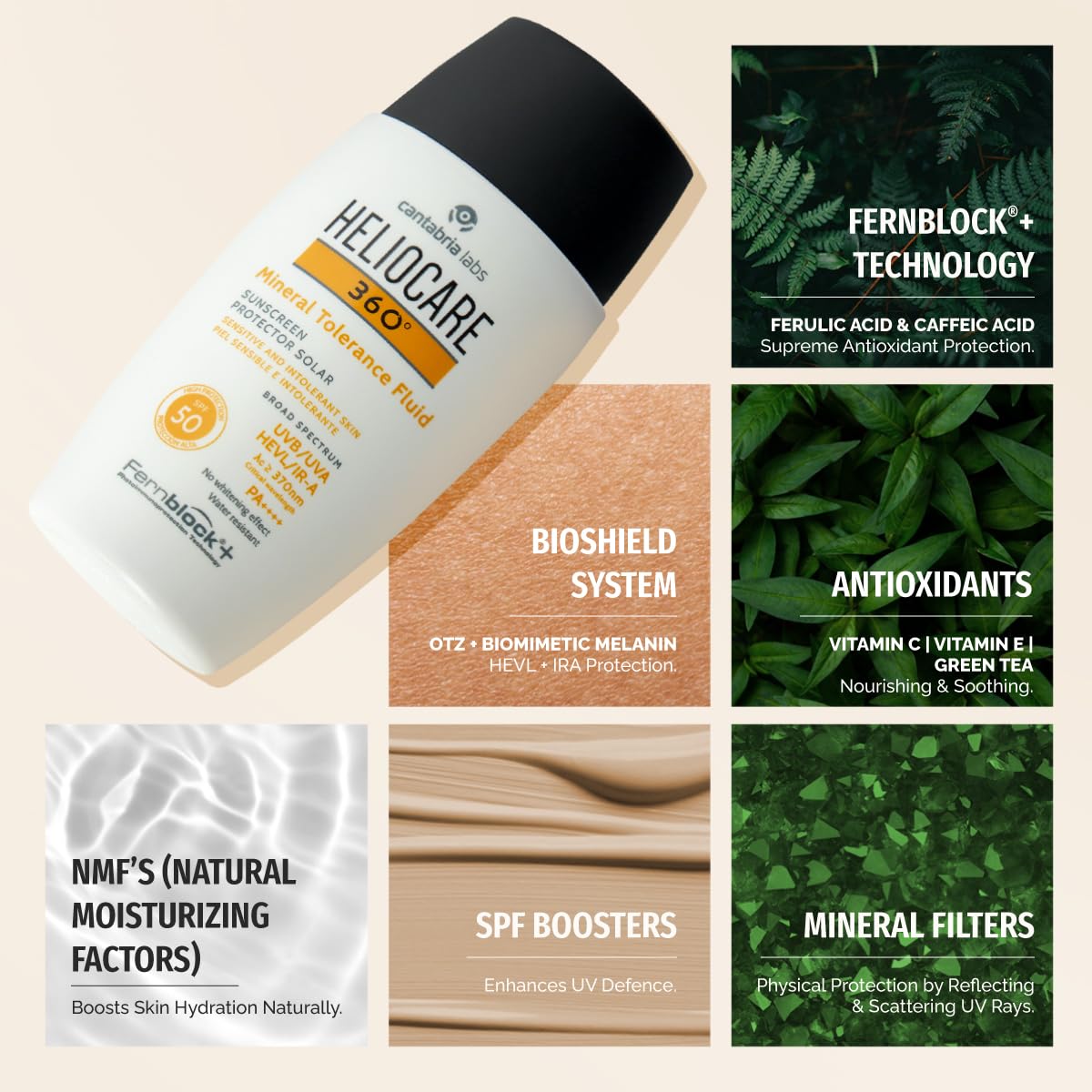 Heliocare 50ml next to hand showing compact size for travel convenience benefit