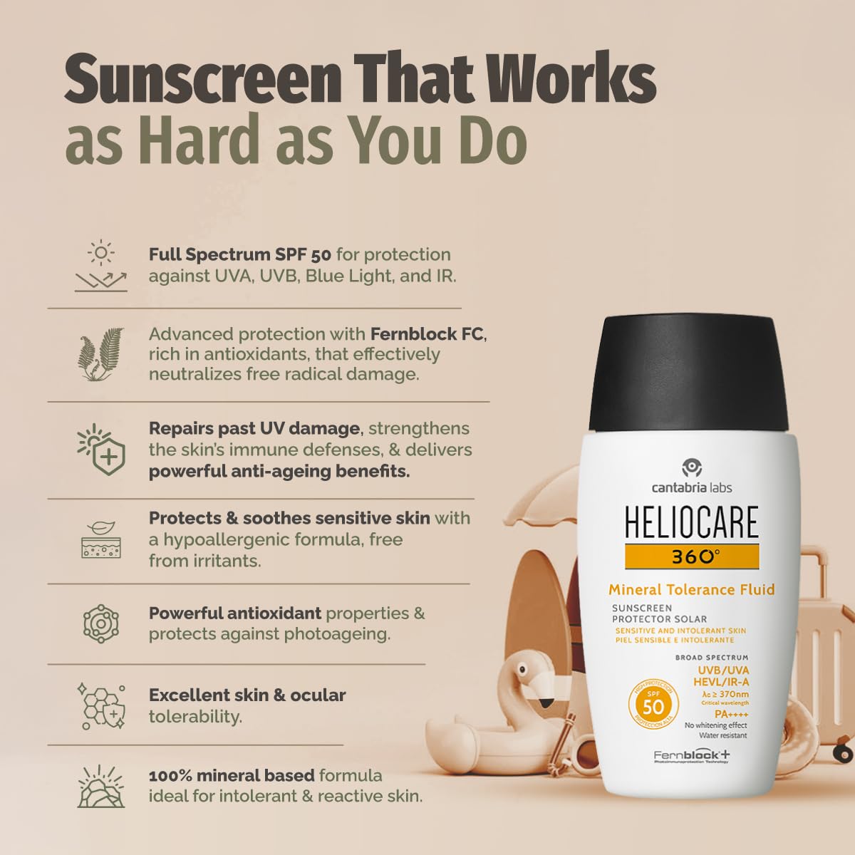 Heliocare cap and nozzle detail showing precise dispensing and mess-free use benefit
