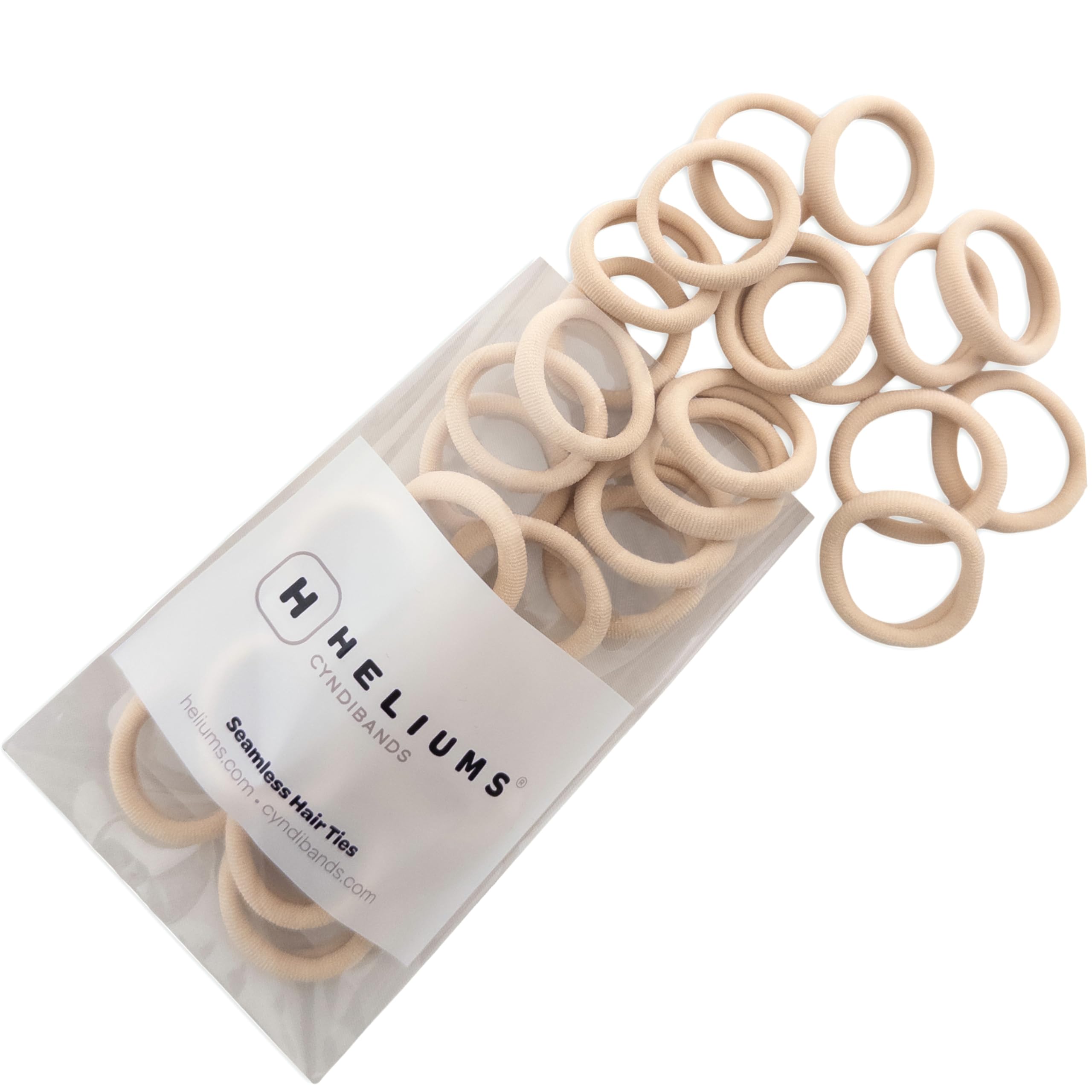 Heliums pack front view showing 30-count blonde mini hair ties and label benefits