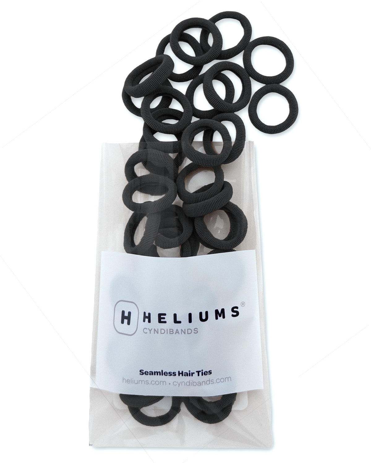 Heliums front packaging showing 40 black mini hair ties and clear count benefit