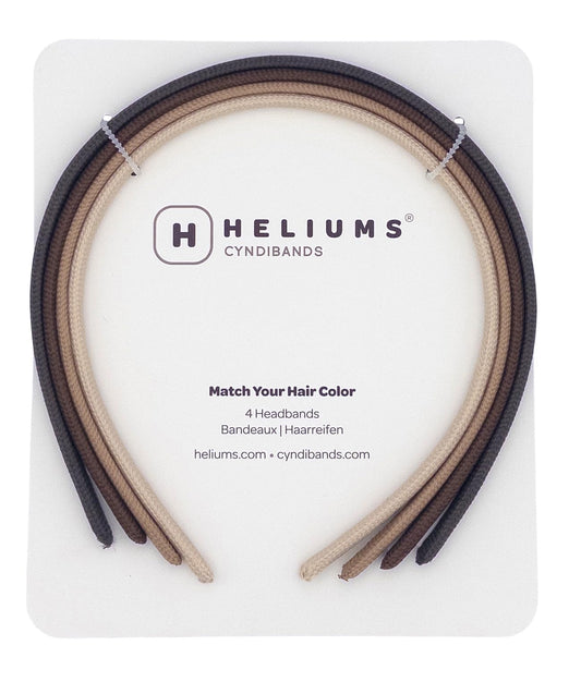 Heliums front view of four neutral headbands showing discreet styling benefit
