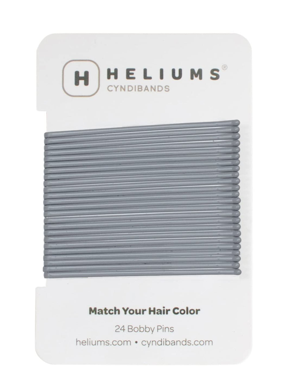 Heliums front packaging showing 24 gray bobby pins and brand