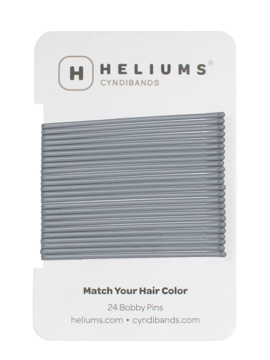 Heliums front packaging showing 24 gray bobby pins and brand