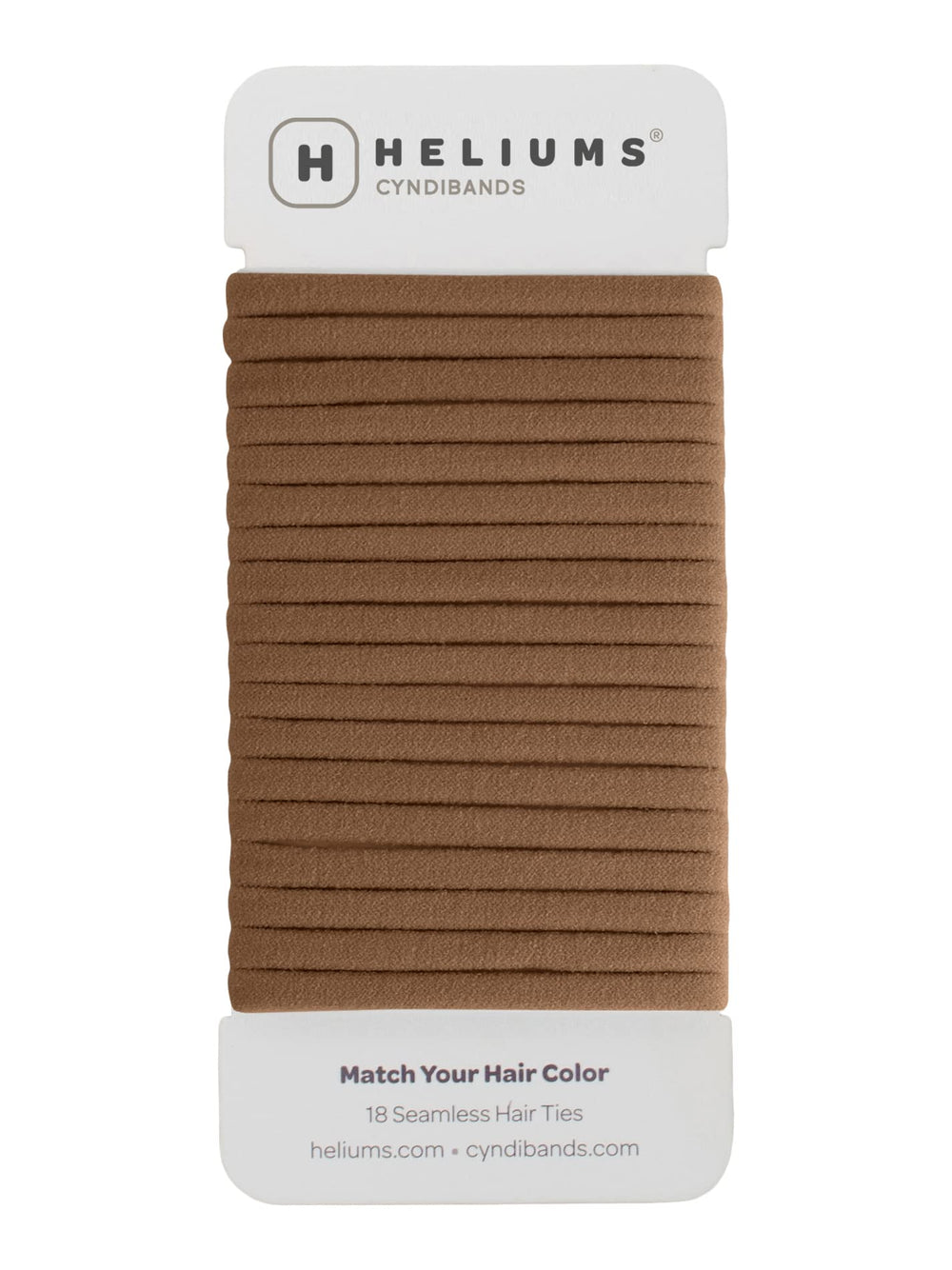 Heliums front packaging showing light brown hair ties and 18-pack benefit