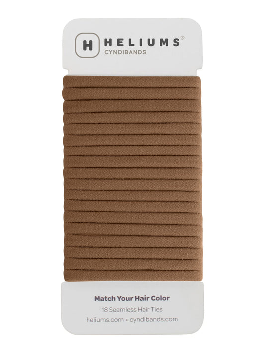 Heliums front packaging showing light brown hair ties and 18-pack benefit