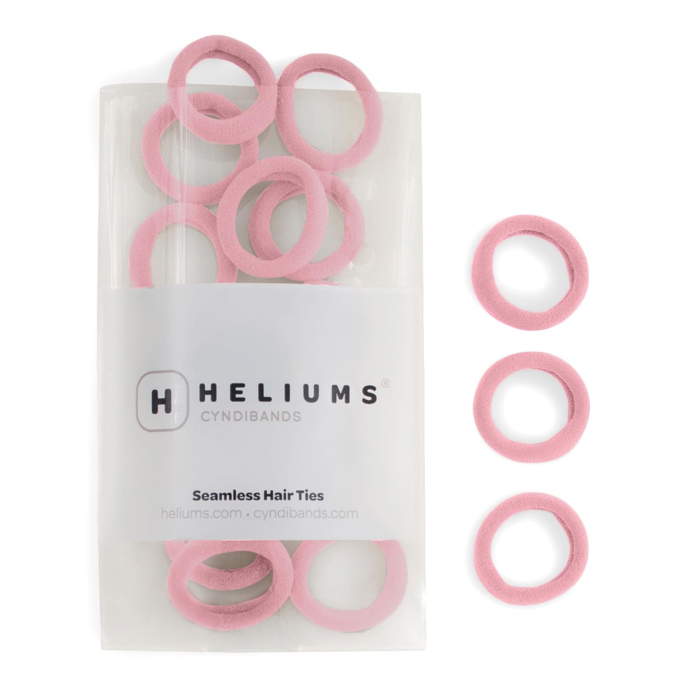 Heliums front pack showing light pink mini hair ties and count, easy grab