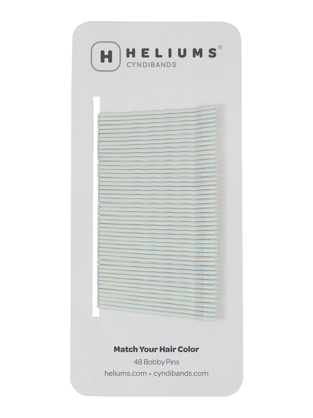 Heliums front-packaging showing 48 white bobby pins blending with hair