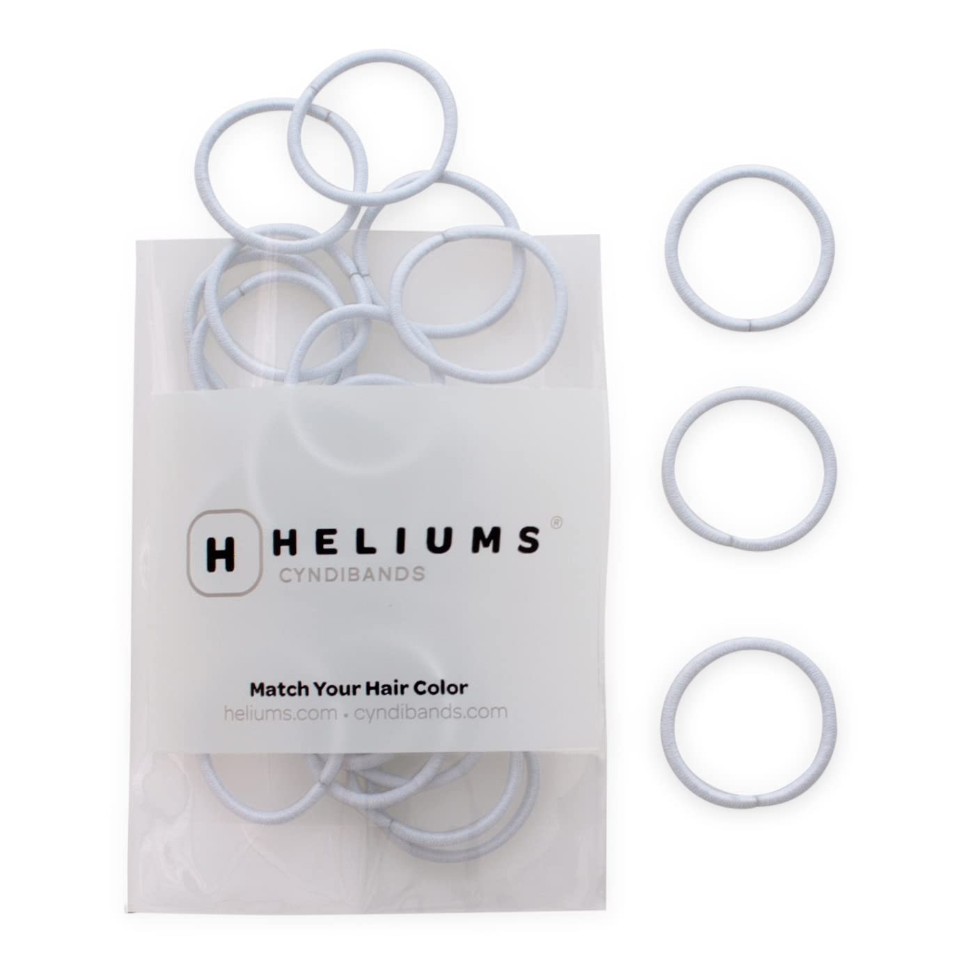 Heliums front pack of 48 white mini hair ties showing neat packaging and count
