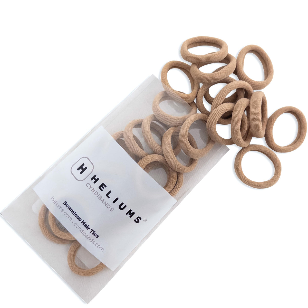 Heliums front packaging showing 30 blonde mini bands and tidy storage benefit