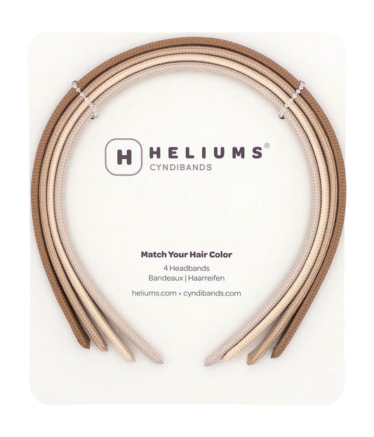 Heliums front view of four slim headbands showing neutral shades and tidy packaging benefit comfortable selection