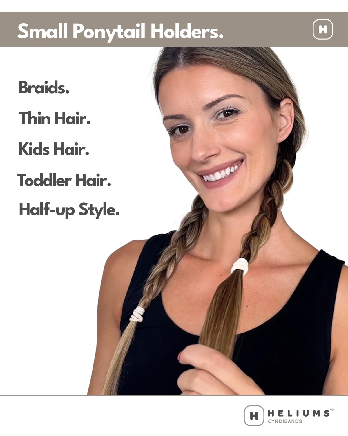 Heliums band holding a child’s ponytail showing comfort and no-pull benefit