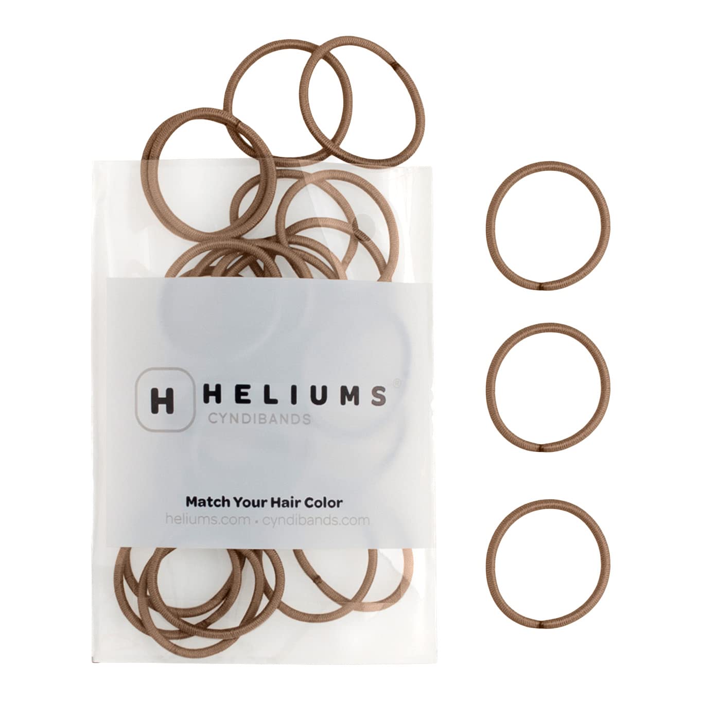 Heliums front pack showing 48 light brown mini hair ties and benefits