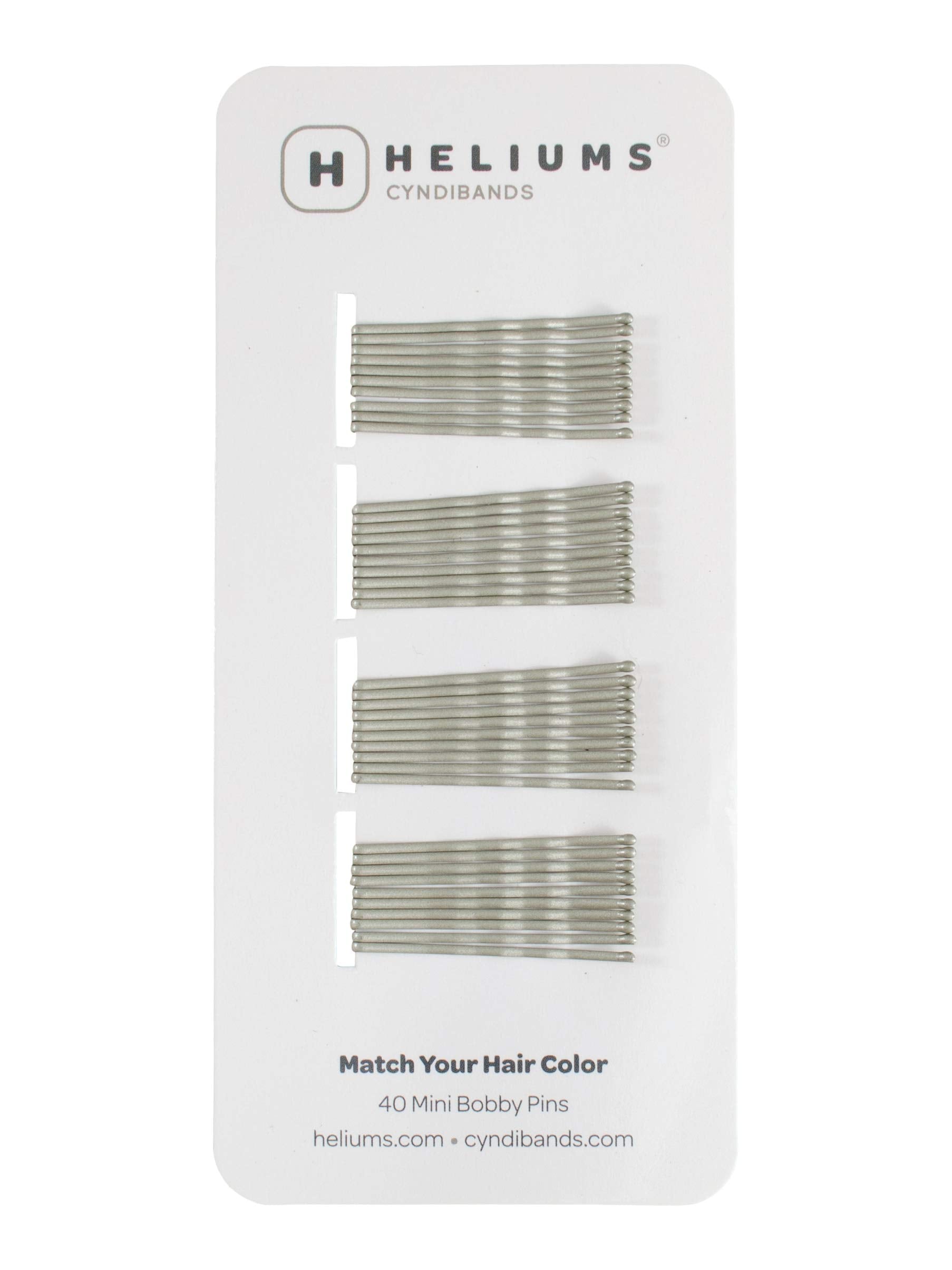Heliums front packaging showing 40 matte gray mini bobby pins, convenient storage
