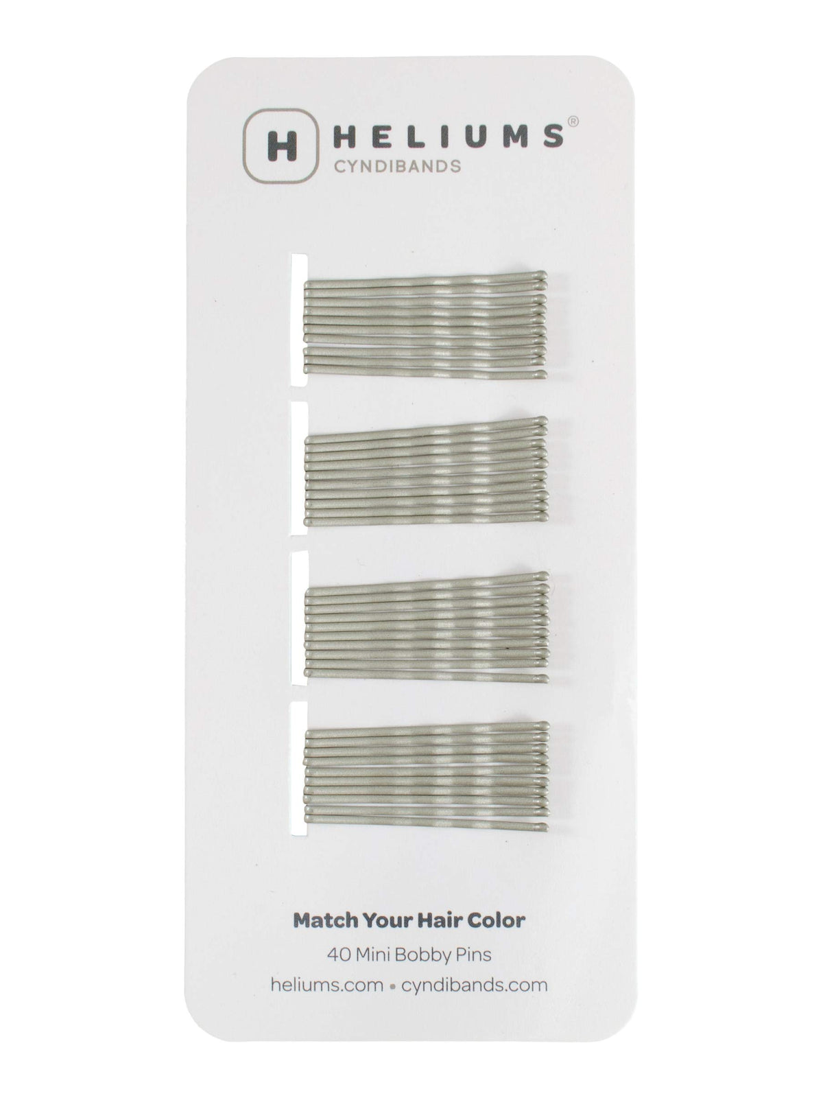 Heliums front packaging showing 40 matte gray mini bobby pins, convenient storage