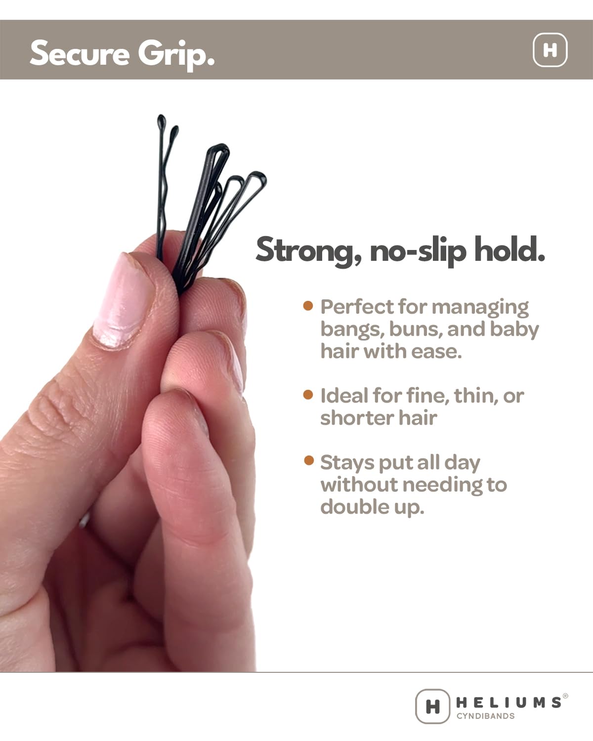 Heliums mini bobby pins beside ruler showing 1.5 inch size accuracy