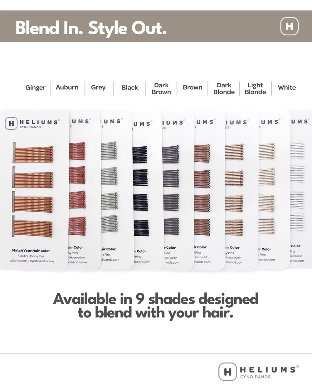 Heliums mini bobby pins scattered on white to show matte ash finish