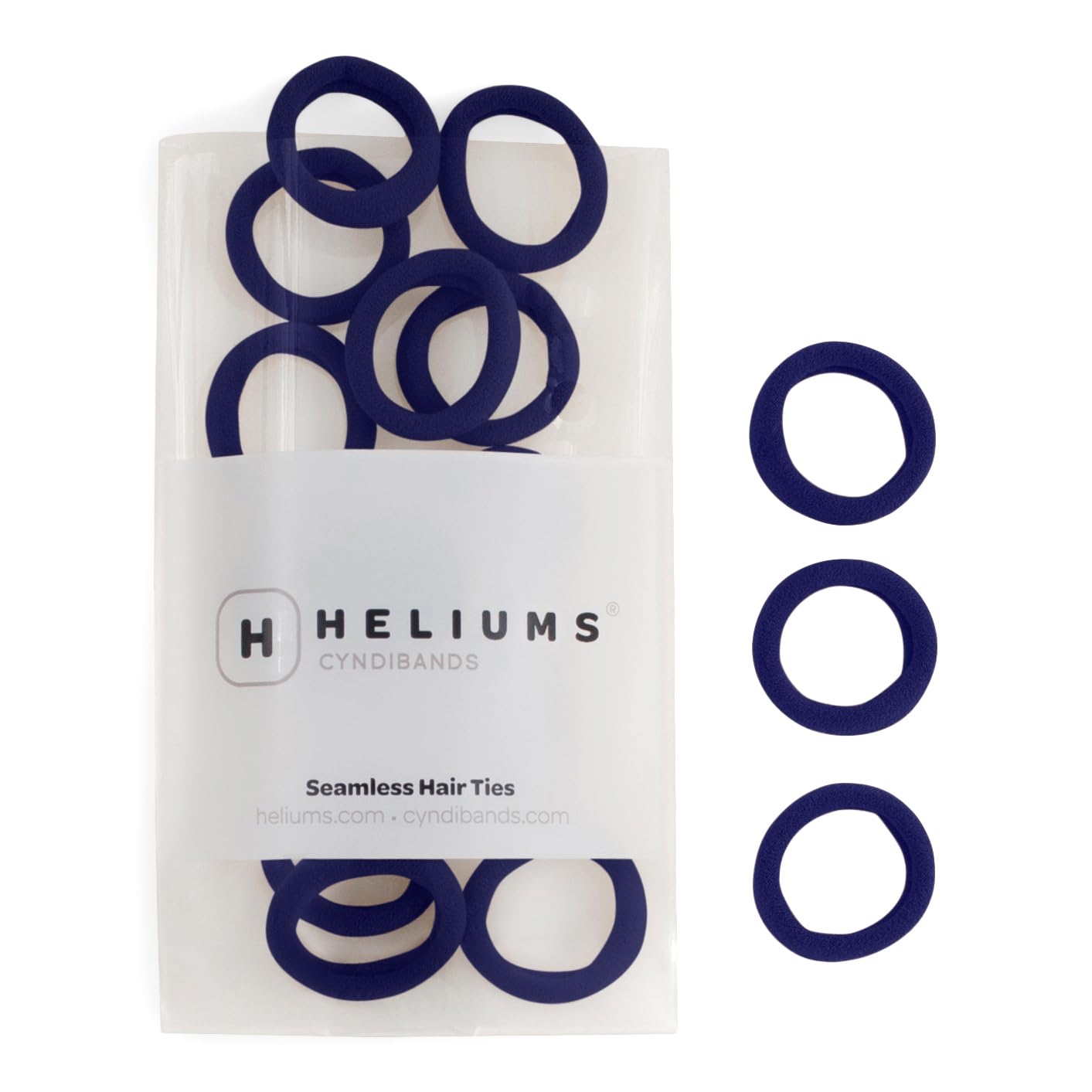 Heliums front packaging showing 30 navy blue mini hair ties and neat storage benefit