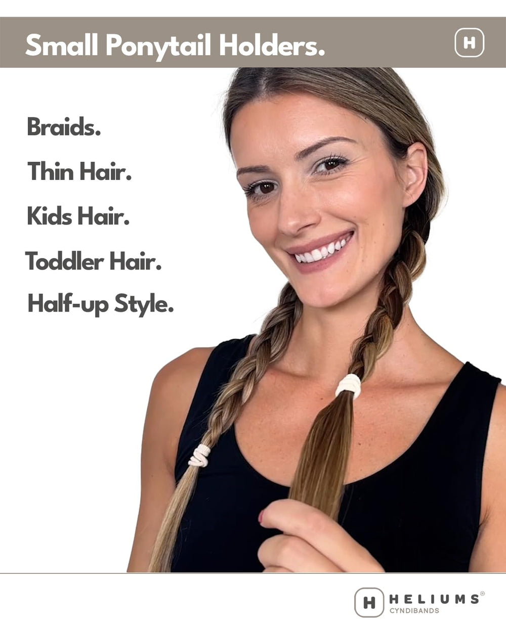 Heliums band holding a small ponytail neatly for damage-free styling