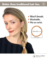 Heliums single hair tie stretched between fingers demonstrating flexible hold