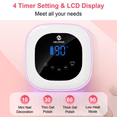 HELIVIVE curing hand inside lamp demonstrates fast, even gel drying benefit