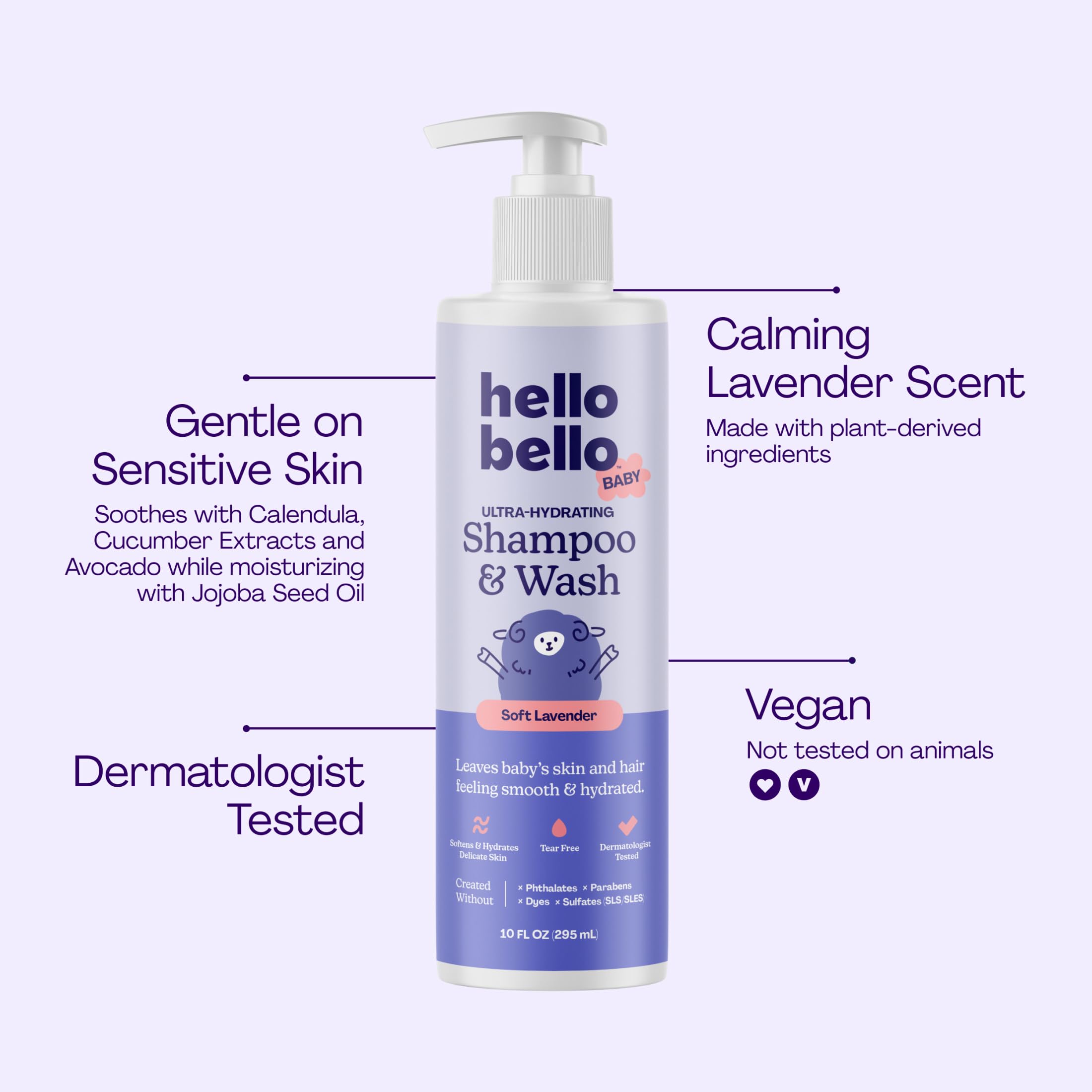 Hello Bello close-up label highlighting avocado, calendula and jojoba ingredients