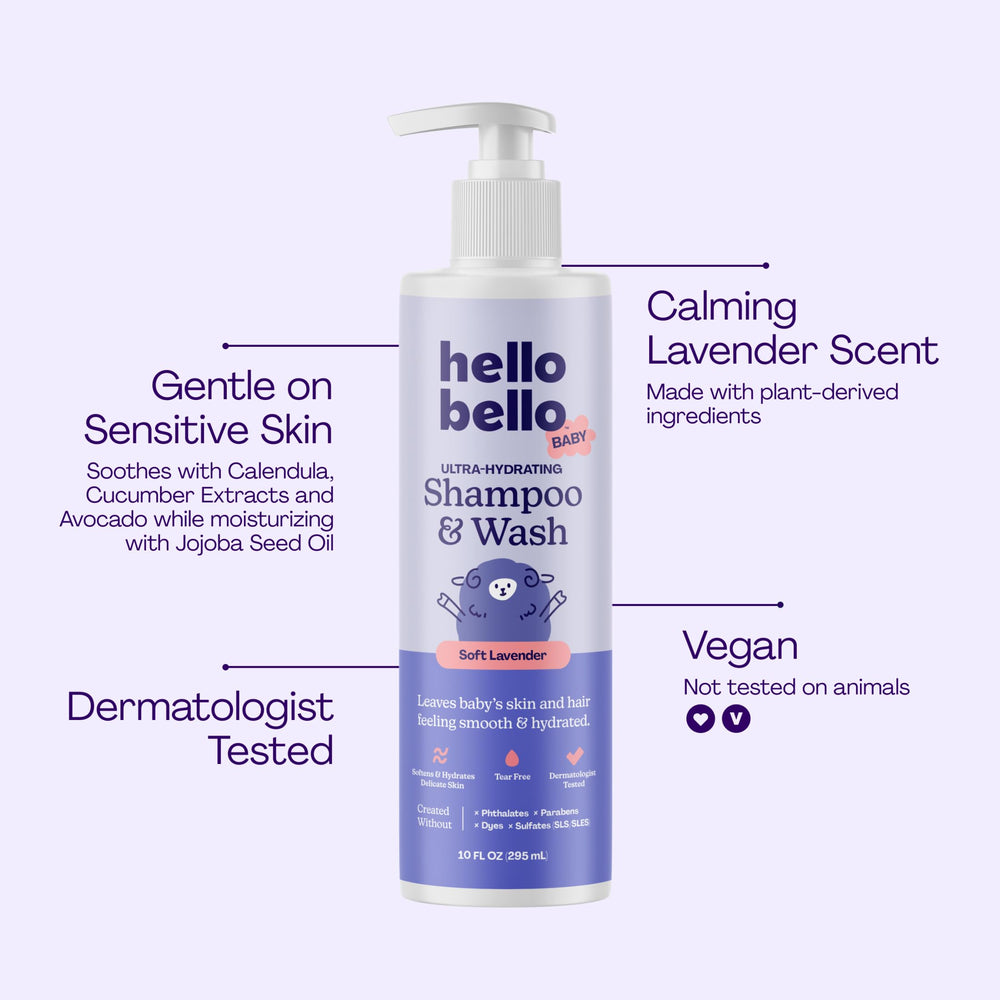Hello Bello close-up label highlighting avocado, calendula and jojoba ingredients