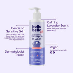 Hello Bello close-up label highlighting avocado, calendula and jojoba ingredients