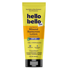 Hello Bello front packaging 5oz bottle showing SPF 50 protection and child-safe benefit