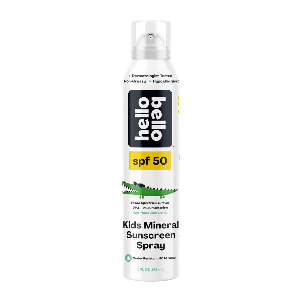 Hello Bello front spray can showing 5oz bottle and branding, easy application benefit