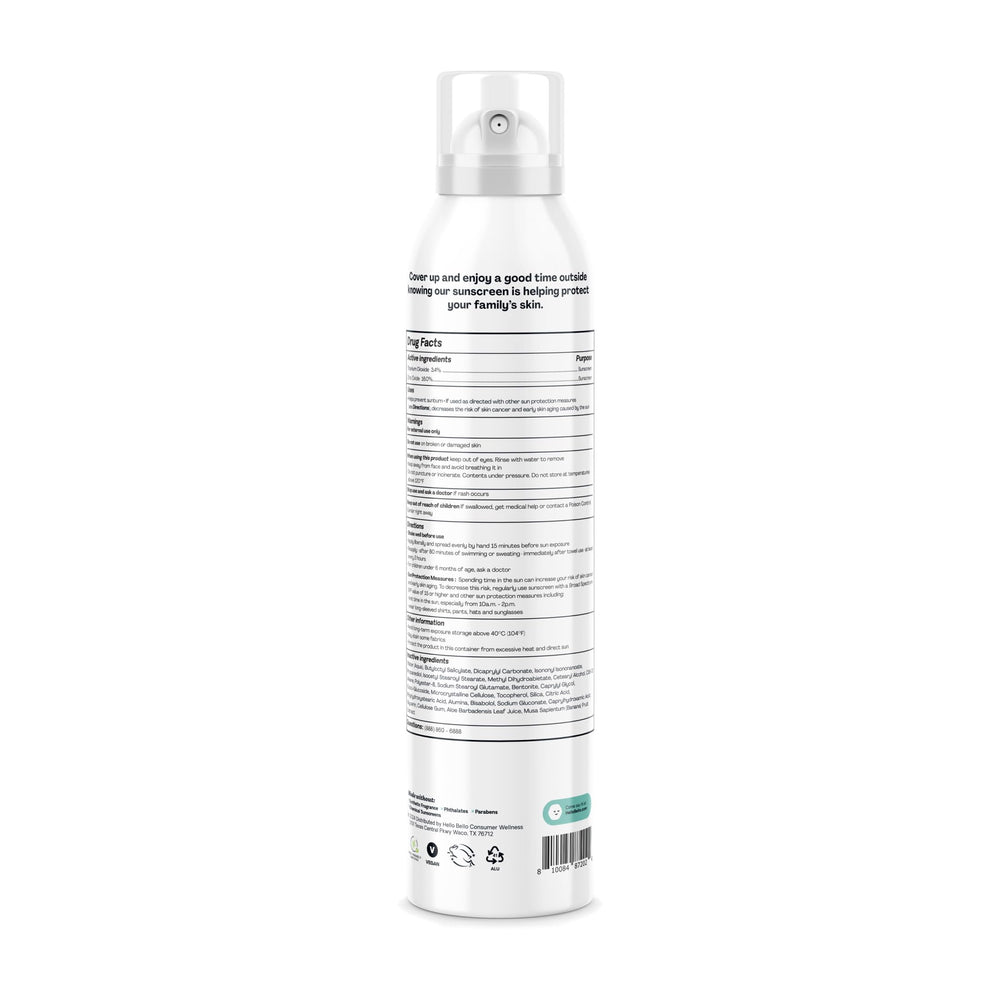 Hello Bello spray in family beach scene showing reef-friendly protection benefit