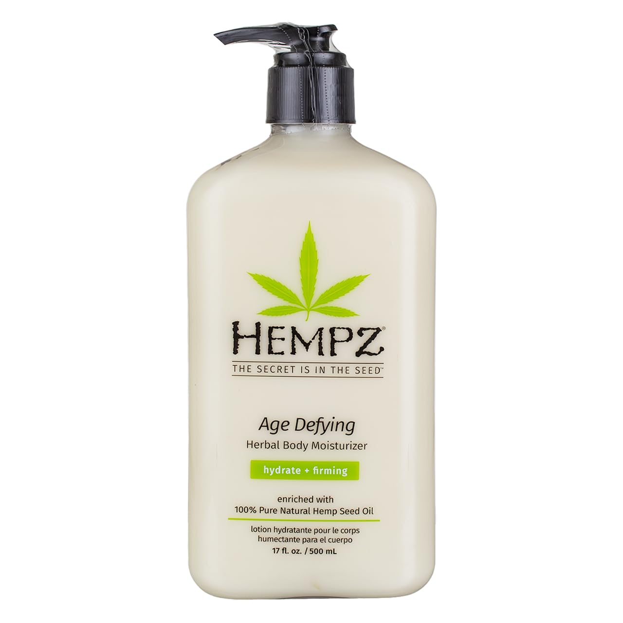 Hempz front pump bottle showing label and large 17oz size benefits