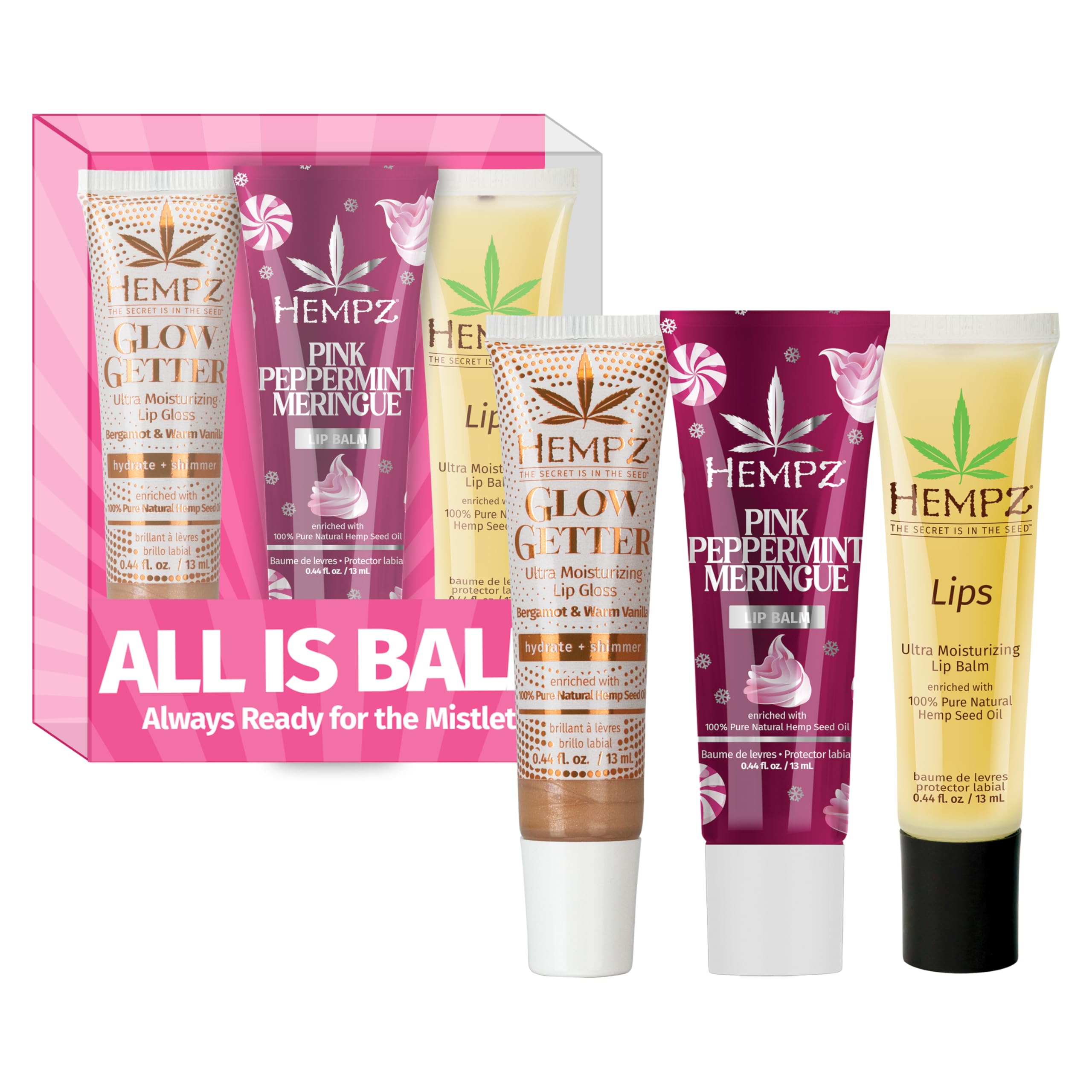 Hempz kit front view showing all three tubes and seasonal packaging, hydrates lips