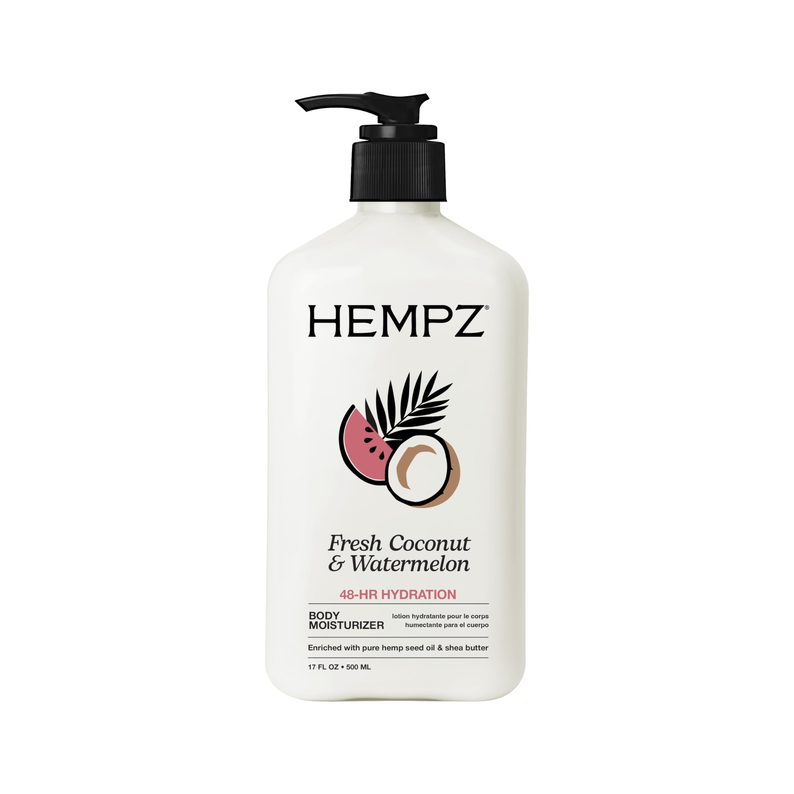 Hempz front bottle showing fresh coconut and watermelon scent benefits