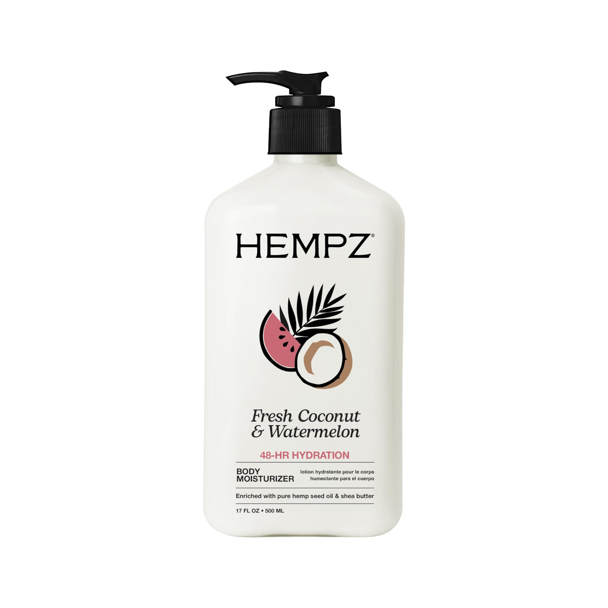 Hempz front bottle showing fresh coconut and watermelon scent benefits