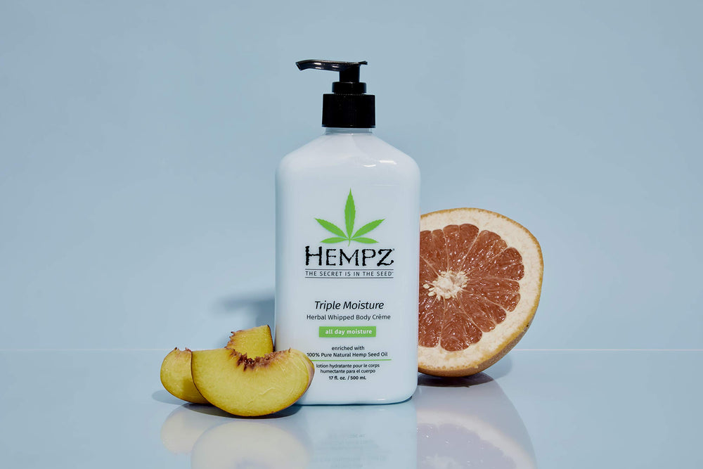 Close-up of Hempz label listing hemp seed oil and Triple Moisture Complex ingredients