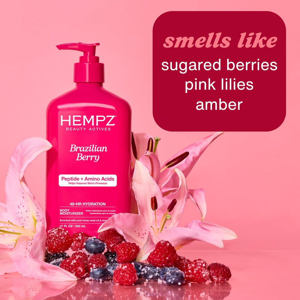 Close-up of hemp seed oil, shea butter and berries representing Hempz ingredients benefit