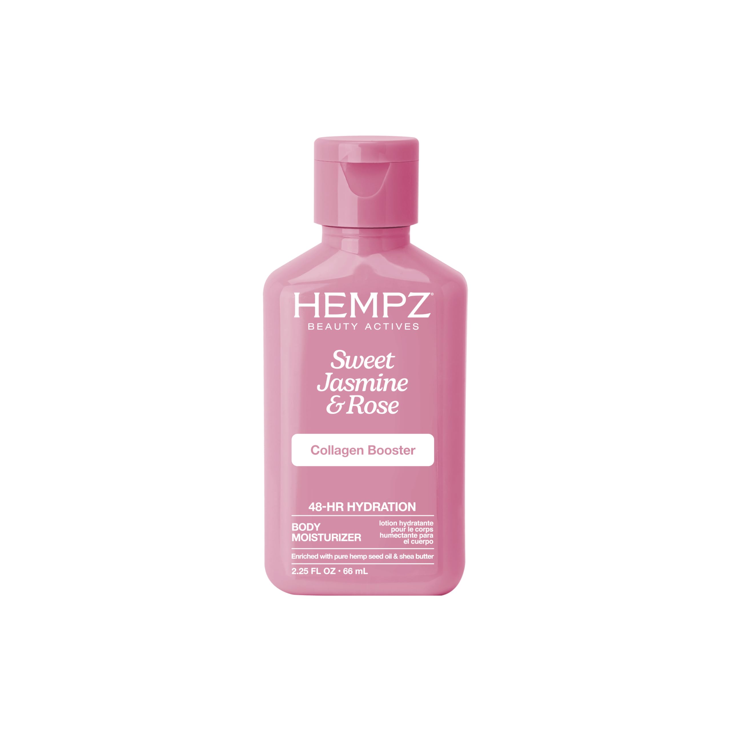 Hempz front packaging of mini jasmine and rose moisturizer showing travel-ready size and benefits